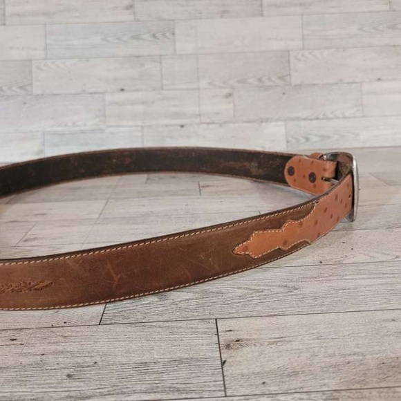 Men's Justin Western Brown Leather Ostrich Print Rodeo Cowboy Belt Size 42 - Picture 4 of 5